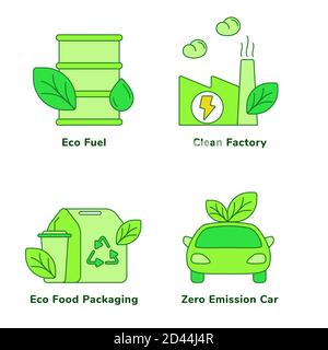 Ökologie Set Sammlung Öko Kraftstoff saubere Fabrik Öko Lebensmittel Verpackung Null Emission Auto weiß isoliert Hintergrund mit grünen Thema flach Umrissstil Stock Vektor