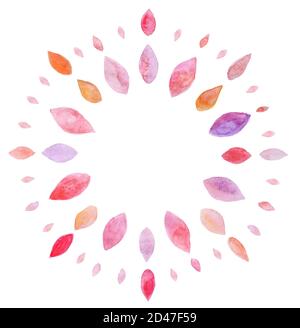 Dekorative Blätter in einem Kreis wie in einem Mandala Floral Aquarell rosa rot Element angeordnet. Stilisierte Blätter. Stockfoto