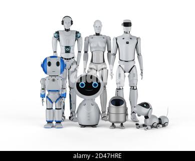 3d-Rendering-Gruppe von Automatisierungsrobotern oder Hilfsroboter auf Weißer Hintergrund Stockfoto
