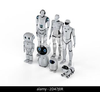 3d-Rendering-Gruppe von Automatisierungsrobotern oder Hilfsroboter auf Weißer Hintergrund Stockfoto