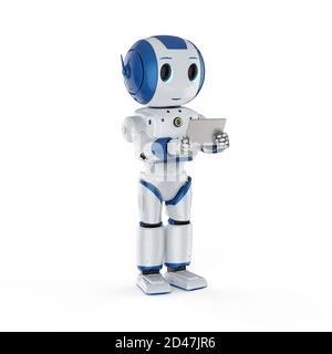 3D-Rendering cute künstliche Intelligenz Roboter mit digitalen Tablet Stockfoto