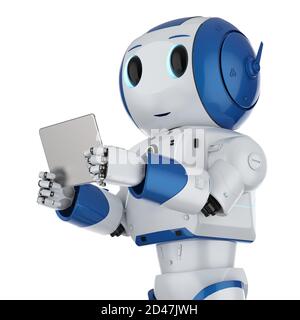3D-Rendering cute künstliche Intelligenz Roboter mit digitalen Tablet Stockfoto