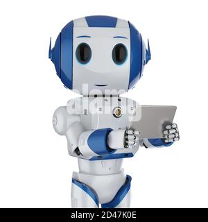 3D-Rendering cute künstliche Intelligenz Roboter mit digitalen Tablet Stockfoto
