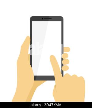 Smartphone mit Handgriff und Fingerberührung mit leerem weißen Bildschirm Stock Vektor