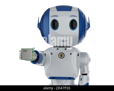 3d Rendering Mini Roboter mit cpu-Chip isoliert Stockfoto