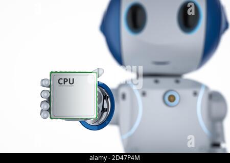 3d Rendering Mini Roboter mit cpu-Chip isoliert Stockfoto