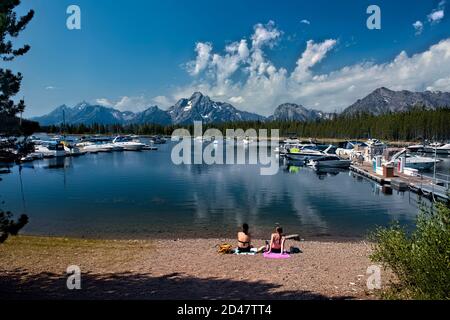 Jackson Lake und Coulter Bay Marina, Grand Teton National Park, Wyoming, USA Stockfoto