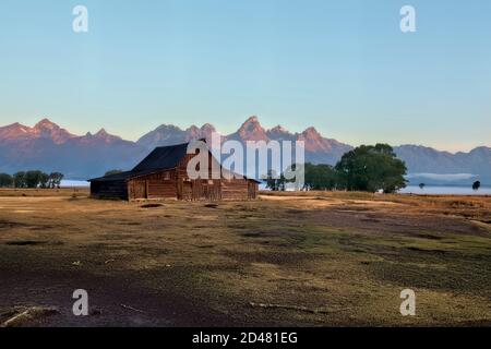 Grand Tetons und TA Molton Barn bei Sonnenaufgang, Grand Teton National Park, Wyoming, USA Stockfoto