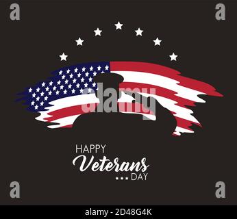 Happy Veterans Tag Schriftzug mit usa Flagge und Saluting Soldat vektorgrafik Design Stock Vektor