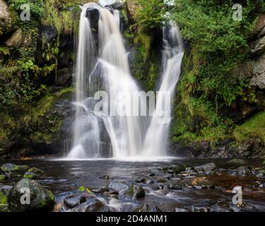 Lower Posforth Gill Wasserfall im frühen Herbst, Valley of Desolation, Wharfedale, Yorkshire, Großbritannien Stockfoto