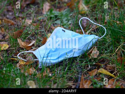 Dresden, Deutschland. Oktober 2020. Ein Mundschutz liegt im Regen auf einer Wiese im Stadtzentrum. Quelle: Robert Michael/dpa-Zentralbild/dpa/Alamy Live News Stockfoto