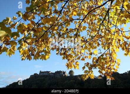 Stirling Castle in frühen Morgensonne als die Blätter auf den Bäumen gelb im frühen Herbst. Stockfoto