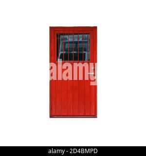 Rote Holztür mit Fenster isoliert auf weißem Hintergrund Stockfoto