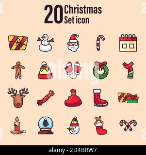 frohe weihnachten Linie und füllen Stil 20 Set Icon Design, Wintersaison und Dekoration Thema Vektor Illustration Stock Vektor