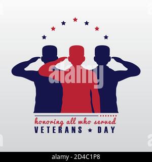 Happy Veterans Tag Schriftzug mit Saluting Soldaten Silhouetten Vektor-Illustration Design Stock Vektor