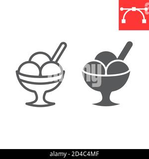 Eis in Schüssel Linie und Glyphe Symbol, Dessert und kalt, Sorbet Zeichen Vektorgrafik, editierbare Strich lineare Symbol, eps 10. Stock Vektor
