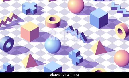 Abstrakter Hintergrund mit isometrischen 3D-Formen auf kariertem Boden. Minimalistisches Vaporwave-Muster in blassblauen und rosa Farben und Formen Stock Vektor