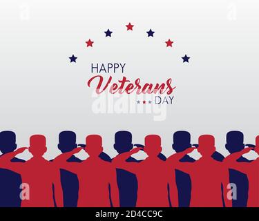 Happy Veterans Tag Schriftzug mit Gruppe Saluting Soldaten Silhouetten Vektor Illustrationsdesign Stock Vektor