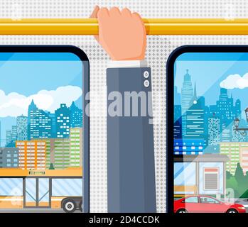 Hand, die den Handlauf beim Transport hält. Griffe für den sicheren Transport von Fahrgästen in Bus, U-Bahn, Zug. Gerader gelber Griff und Hand isoliert auf weiß. Cartoon flache Vektor-Illustration Stock Vektor