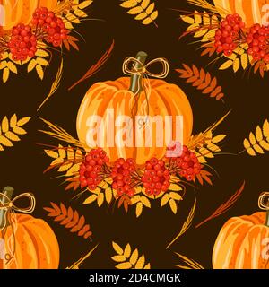 Nahtloses Muster mit Blättern und Kürbissen. Vektor Herbst Hintergrund. Stock Vektor
