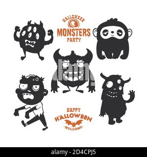 Set von Cartoon mystischen Kreaturen für Halloween. Eine Kollektion von schwarzen Silhouetten auf weißem Hintergrund. Vektor-Illustration von Monstern. Stock Vektor