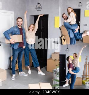 Collage von Mann hält in den Armen Freundin und Karton, erfreut Frau mit Händen über dem Kopf, Relocation-Konzept Stockfoto