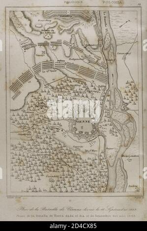 Das Heilige Römische Reich. Plan der Schlacht von Wien, 12. September 1683. Sie fand am Kahlenberg bei Wien statt, da die Stadt zwei Monate lang vom Osmanischen Reich belagert worden war. Die Schlacht wurde vom Heiligen Römischen Reich unter der Führung der Habsburger Monarchie und dem polnisch-litauischen Commonwealth, beide unter dem Kommando von König Johann III Sobieski, gegen die Osmanen geführt. Das Ergebnis war ein Sieg für die Ersten. Gravur von Lemaitre und Bigant. Geschichte Polens, von Charles Foster. Panorama Universal, 1840. Stockfoto