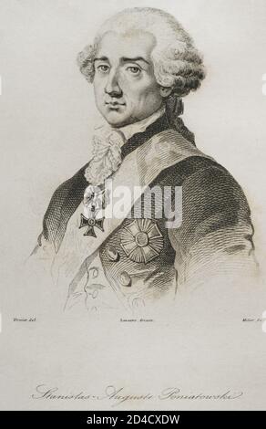 Stanislaw II. Augustus (1732-1798). König von Polen und Großherzog von Litauen (1764-1795). Er war der letzte Monarch des polnisch-litauischen Commonwealth. Hochformat. Gravur von Lemaitre, Vernier und Millot. Geschichte Polens, von Charles Foster. Panorama Universal, 1840. Stockfoto