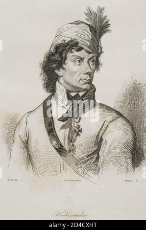 Tadeusz Kosciuszko (1746-1817). Polnischer General und Staatsmann. Nationalheld in Polen und Weißrussland für seine Führung eines nationalen Aufstandes und in den Vereinigten Staaten für seine Rolle in der amerikanischen Revolution. Hochformat. Gravur von Lemaitre, Vernier und Masson. Geschichte Polens, von Charles Foster. Panorama Universal, 1840. Stockfoto