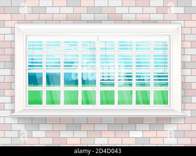 Illustration mit Fenster im realistischen Stil eine Backsteinmauer und die rustikale Landschaft außerhalb des Fensters. Vektorhintergrund. Stock Vektor