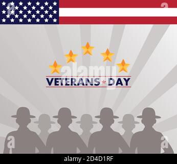Happy Veterans Day Schriftzug mit usa Flagge und Soldaten Silhouetten vektorgrafik Design Stock Vektor