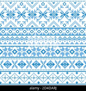 Scottish Fair Isle Stil traditionelle Strickmode Vektor nahtlose Muster, retro Shtelands stricken repetitive blau-Design mit Schneeflocken Stock Vektor