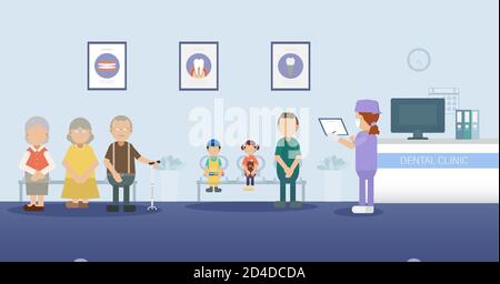 Zahnklinik oder Zahnarztpraxis mit Patienten warten flach Design vektorgrafik Stock Vektor