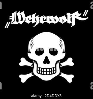 Schädel und Knochen und Inschrift in deutscher Sprache Wehrwolf - Werwolf in englischer Sprache. Militärische Insignien Deutschlands im ersten und zweiten Weltkrieg Stock Vektor