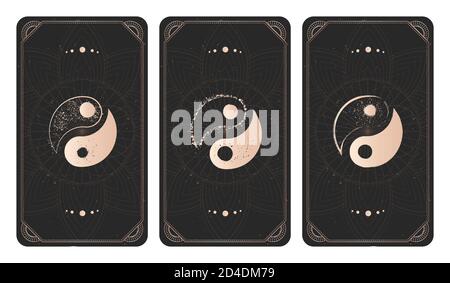 Vektor-Set von drei Yin Yang Zeichen auf dunklen Hintergründen mit geometrischer Form, Grunge Texturen und Rahmen. Symbole mit Grunge-Elementen. Abbildung in Stock Vektor