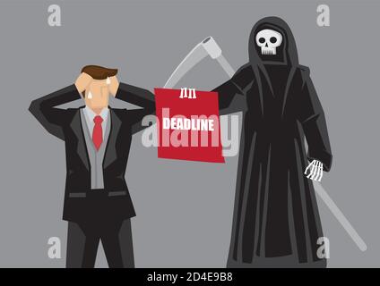 Business-Profi brechen vor dem Tod Charakter mit einem Brett mit Text Deadline. Kreative Cartoon-Vektor-Illustration auf Stress dea Stock Vektor