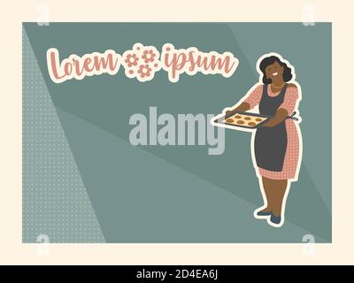 Fröhlich plump Art dunkelhäutig afro Frau mit hausgemachten Cookies. Stock Vektor