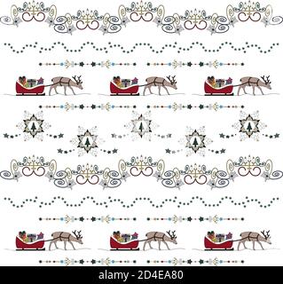 Rentier und sein Schlitten voller Geschenke. Stern Girlande, weihnachtsbaum und ausgefallene Kerzenhalter. Weihnachtsmuster. Transparenter Hintergrund. Vektor illustrr Stock Vektor