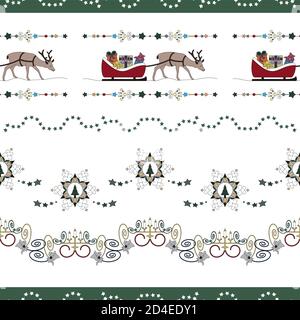 Weihnachtliches Nahtmuster. Rentier und sein Schlitten voller Geschenke. Stern Girlande, weihnachtsbaum und ausgefallene Kerzenhalter. Stock Vektor