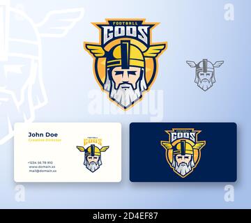 Football Gods Sport Team oder League Abstract Vector Logo und Visitenkarte Vorlage. Odin Gesicht mit Typografie. Mächtiger Krieger Kopf in einem Helm Maskottchen Stock Vektor