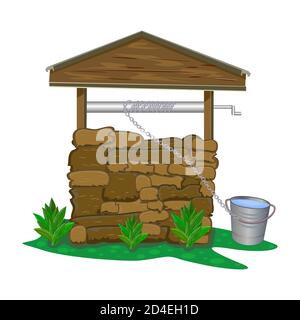 Stein und Holz Wasser gut isoliert auf weißem Hintergrund. Rustikale Cartoon Brunnen von Süßwasser mit Kette und Eimer.Grundwasser.Stock Vektor Illustration Stock Vektor