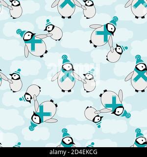 Niedliche Kawaii Pinguin Baby Vektor nahtlose Muster Hintergrund. Paare von Cartoon-Kaiser Küken mit blauen Hüten, auf Wolken auf weißem Hintergrund stehen Stock Vektor