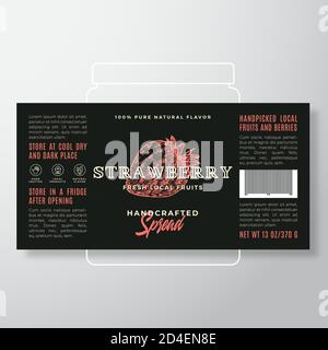 Handgefertigte Obst- und Beerenaufstrich oder Jam-Label-Vorlage. Abstraktes Vektor-Verpackungsdesign-Layout. Modernes Typografie-Banner mit handgezeichneter Erdbeere Stock Vektor