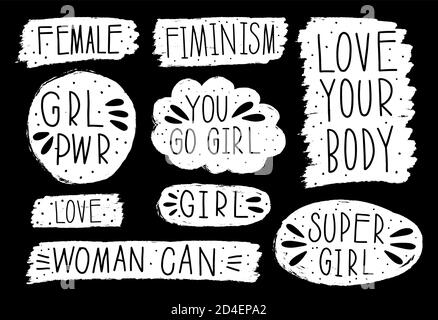 Sammlung Hand gezeichnet kommunizieren Feminismus Rede. Design Element Slogan Doodle Business Message. Stock Vektor