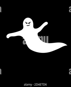 Weißer Geist für halloween Feiertagsdesign isoliert auf schwarzem Hintergrund. Fliegender Charakter mit bösen Augen. Stock Vektor