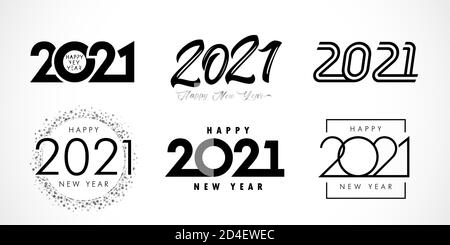 Großer Satz von 2021 Happy New Year Logo Text-Design. Designvorlage für 20 und 21 Nummern. Sammlung von 2021 Weihnachtssymbolen. Vektorgrafik mit schwarzem Etikett Stock Vektor