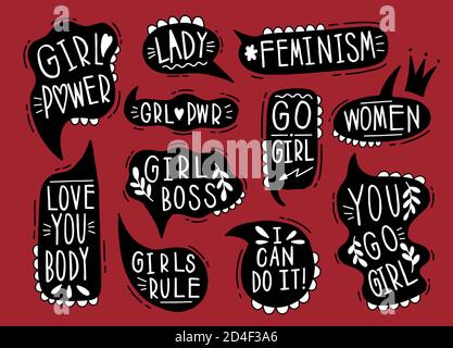 Sammlung Hand gezeichnet kommunizieren Feminismus Rede. Design Element Slogan Doodle Business Message. Stock Vektor