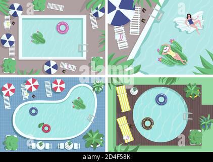 Draufsicht Pool flache Farbe Vektor Illustrationen Set Stock Vektor