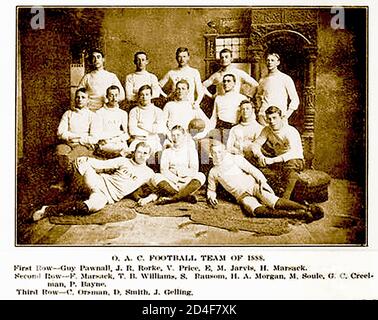 Ontario Agricultural College Fußballmannschaft Kanada 1888. Mit Namen der Spieler. Erste Reihe -- Guy Pawnall, J R Rorke, V Price, E M Jarvis, H Marsack -------------- 2. Reihe -- F Marsack, T B Williams,S Rausom, H A Morgan, M Soule, G C Creel -- Es war ursprünglich die landwirtschaftlichen Laboratorien der Universität Guelph, gueph, toronto, Universität, und wurde offiziell im Jahr 1874 als Associate Agricultural College der University of Toronto gegründet. Seit 1964 ist sie an die Universität Guelph angegliedert Stockfoto