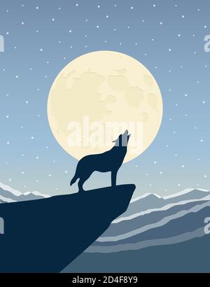 wolf heult auf den Vollmond in verschneite Berglandschaft vektorgrafik EPS10 Stock Vektor